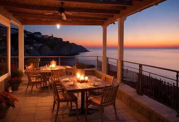 Obraz premium Warm outdoor patio in a modern classy villa by the sea at evening, warm light, candles, outdoor lights, sunset