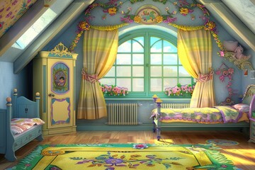 Naklejka premium Dreamy sanctuary - design of teenager children's room in pastel colours, featuring bedroom that exudes cosiness, comfort, beauty, creativity, creating inviting, imaginative space little ones to enjoy.