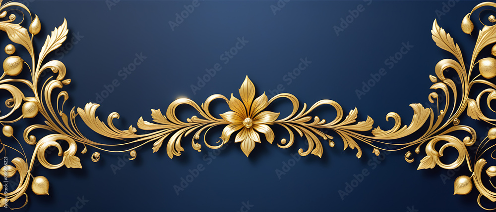 Wall mural blue background with golden decoration on the left and right sides, dark blue color