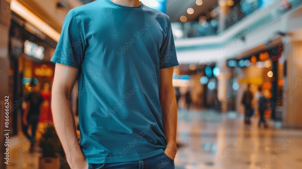 Canvas Prints A man wearing a teal blank t-shirt stands in a modern shopping mall