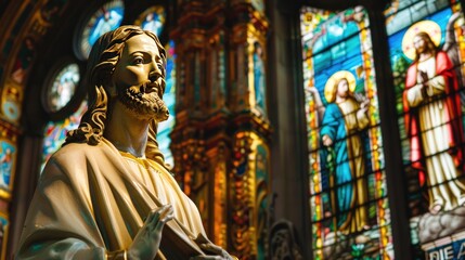 The statue of Jesus stands in the foreground of a church, with intricate stained glass windows behind, depicting biblical scenes in radiant colors
