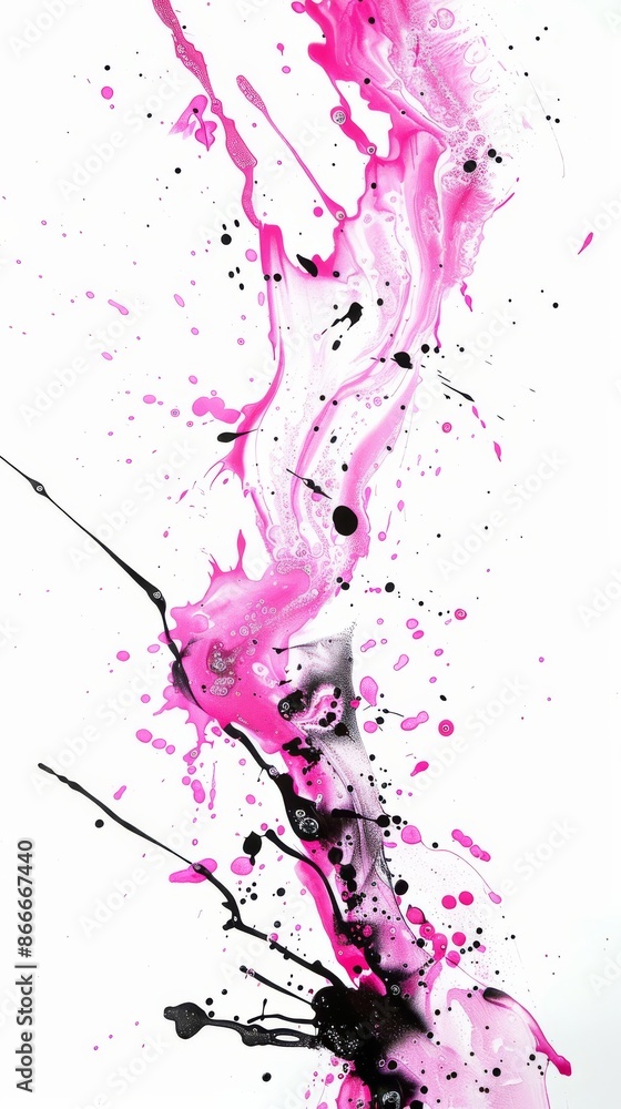 Poster pink and black inks are mixing with white paint, creating a dynamic abstract pattern, perfect for ba