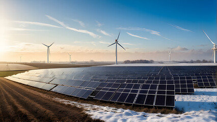 a solar field with the solar panels covered in snow. They don’t produce any power like this. Wind turbines for power production are seen at the horizon.