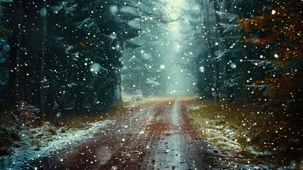 Tranquil winter scene: Snowflakes dust a wet forest road, imparting a sense of quiet enchantment and seasonal magic
