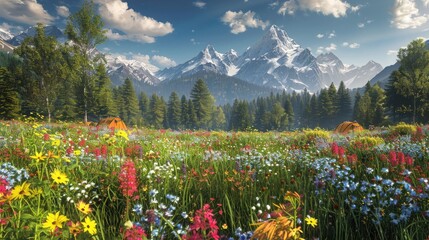 A picturesque campsite in a meadow filled with colorful wildflowers, with a forest and mountain range in the background.