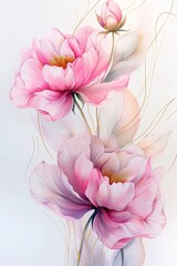 Fototapeta premium Elegant watercolor illustration of pink flowers with soft gradients and gold accents