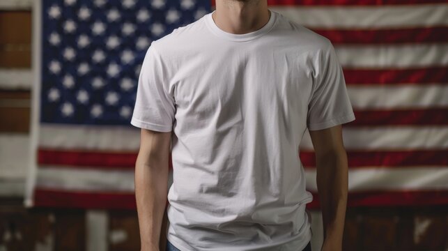 A man wearing a blank white t-shirt stands in front of an American flag