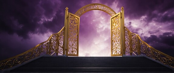 purple clouds gold gate door and long stair way to heaven with dramatic lighting for banner with copy space