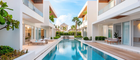 Fototapeta premium Investment in luxury townhouses and villas showcases modern architecture and community living. Ideal for residential real estate market trends and property development insights.
