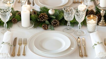 Elegant Christmas table setting with fine china, crystal glassware, gold flatware, white linen napkins
