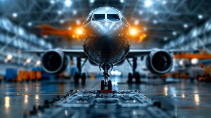 A front view of a commercial airplane in a hangar, captured at night with bright lights illuminating the aircraft, showcasing its details.