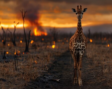 A lone giraffe stands in a scorched landscape as a wildfire burns in the distance under a dramatic sunset sky.