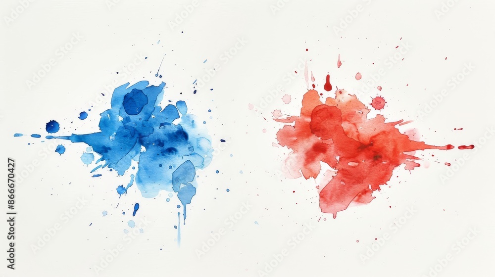 Poster vibrant red and deep blue watercolor splashes on white background, adding movement and energy to any