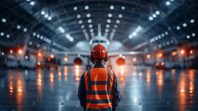 Airport worker in safety vest and helmet standing in hangar with an airplane, illustrating aviation maintenance and safety.