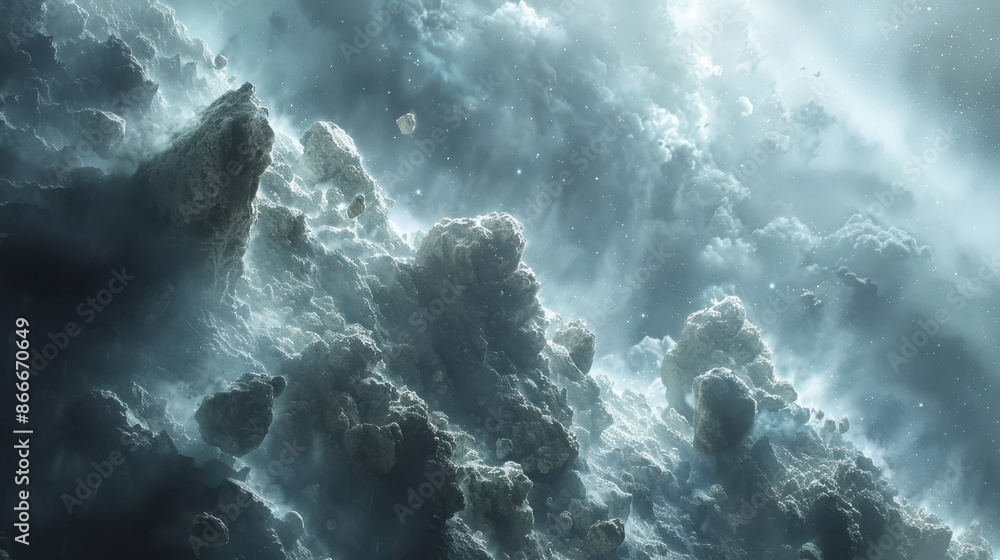 Aufkleber an asteroid field with rocky bodies of varying sizes drifting through space, showcasing the remnants