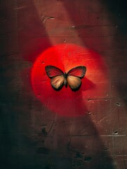 Crimson Flight: A Vibrant Butterfly Against a Red Backdrop