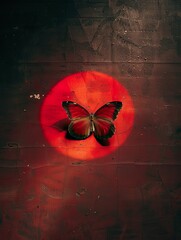 Vivid Wings: A Butterfly's Contrast Against a Bold Red Hue