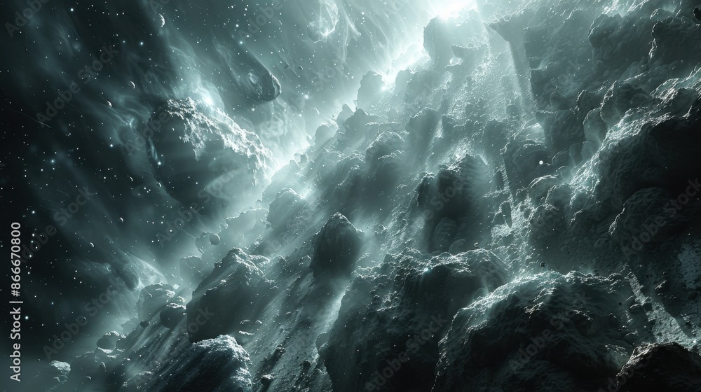 Aufkleber an asteroid field with rocky bodies of varying sizes drifting through space, showcasing the remnants