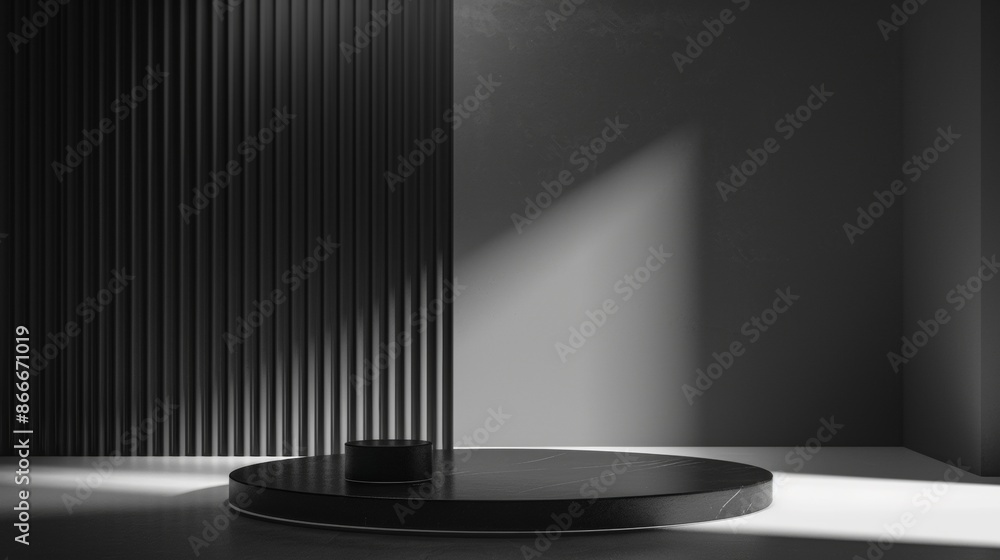 Poster black and white minimalist product display with round platform and vertical lines