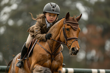 Obraz premium child riding a horse outdoor