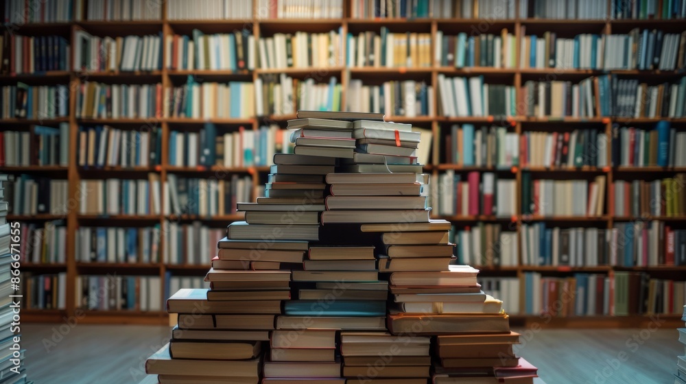 Poster stack of books in a large library
