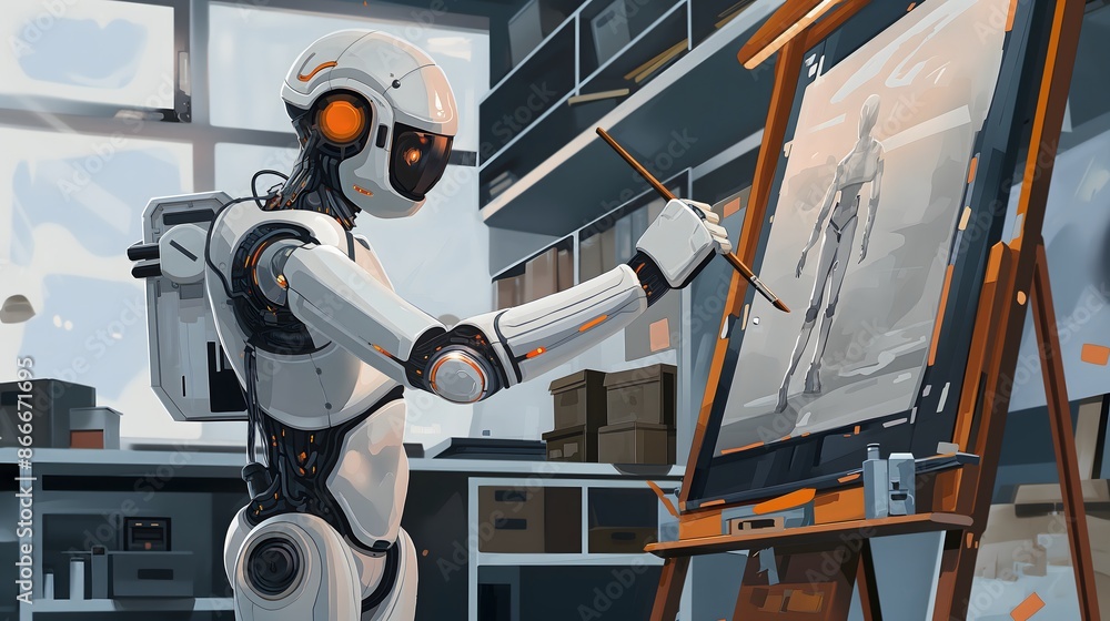 Poster 1. create an illustration depicting a humanoid ai robot working in an art studio, meticulously paint