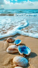 Obraz premium Serene tropical beach with blue seashells and gentle waves, perfect for summer promotions with text space