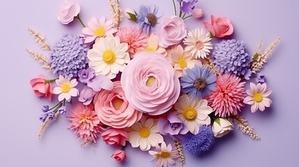 Creative layout made of various flowers. Flat lay delicate colors bouquet.