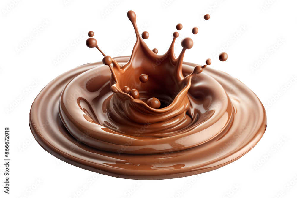 Poster chocolate splash with droplets in motion isolated on transparent background