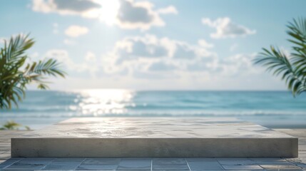 Fototapeta premium Stone Platform Overlooking a Beach With Palm Trees and a Sunny Sky