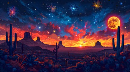 Naklejka premium Spicy Fireworks, LGBTQ community enjoying spicy Mexican food under a sky lit with Independence Day fireworks. Fauvism Art, polychromatic