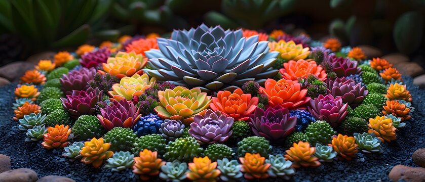 Succulent Rangoli, Illustrate a traditional pookalam made entirely of various succulents. Chibi Character, flashy color