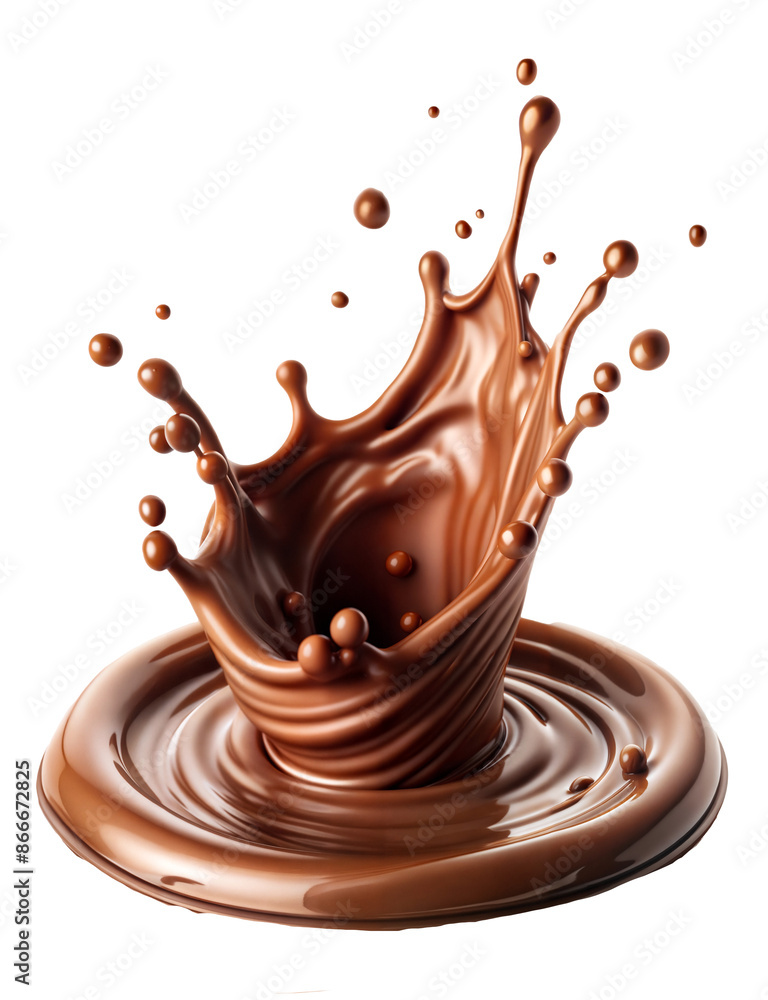 Poster chocolate splash with droplets in motion isolated on transparent background