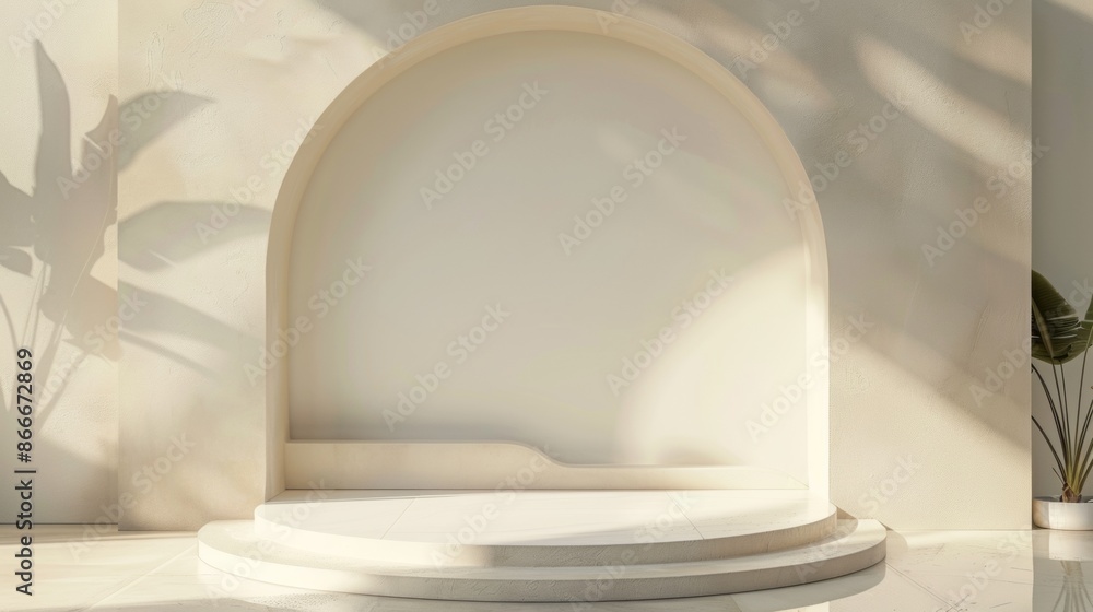 Poster White Circular Platform With Archway and Shadow of Palm Leaves in a Minimalist Room