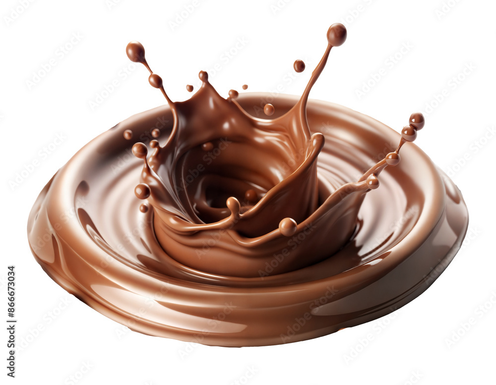 Poster chocolate splash with droplets in motion isolated on transparent background