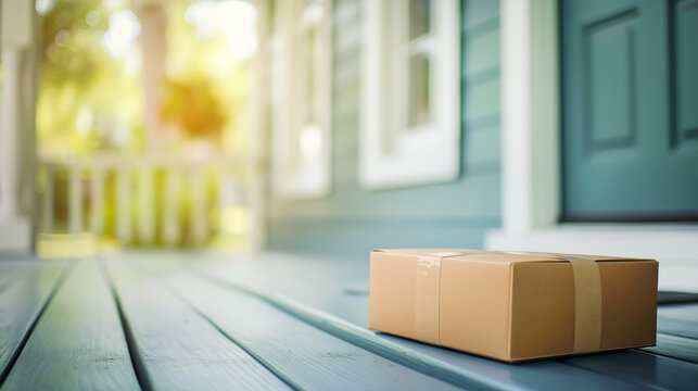 Delivery package rests on a porch, with vibrant flowers and a green door in the background.