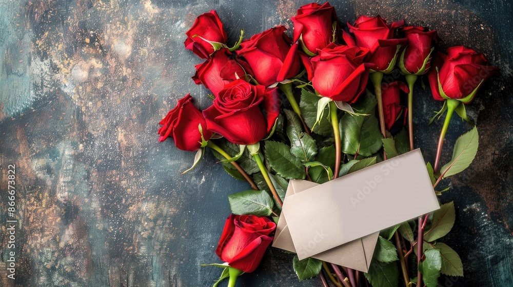 Poster flat lay composition of fresh roses on tabletop with card and space for text