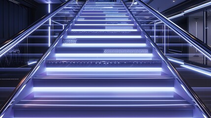 Elegant stairs with indigo steps, chrome railings, and cool ambient lighting for a stylish, contemporary look.
