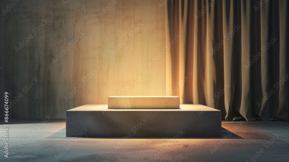 Aufkleber a simple concrete platform with a light behind a curtain in an empty room