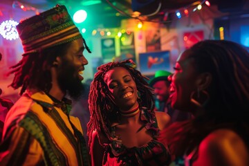 Group of Friends Celebrating in Reggae-Themed Attire at a Party
