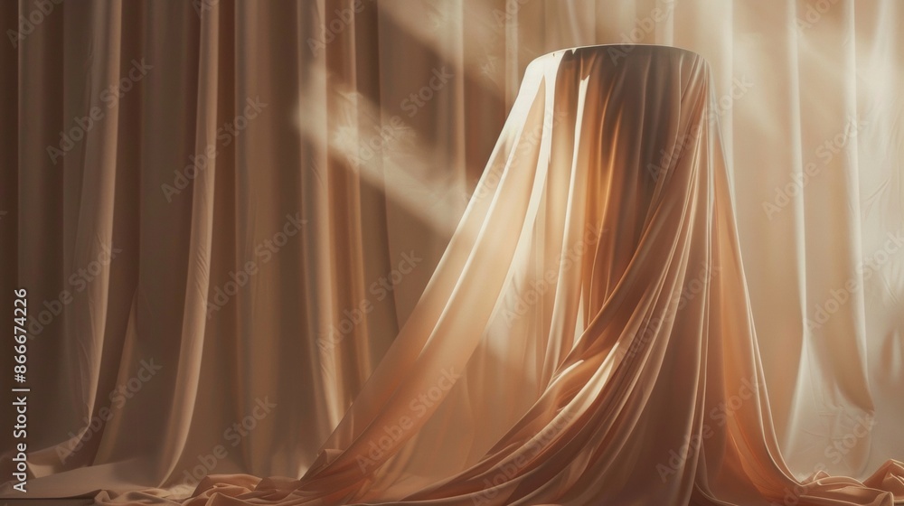 Poster sunlight streaming through sheer curtains draped over a cylindrical object