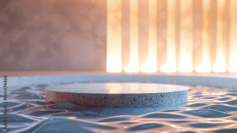 Poster circular concrete platform floating in rippling water with warm ambient light