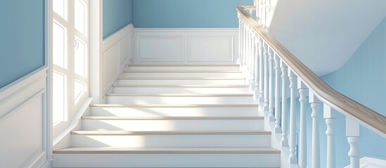 Fototapeta premium Elegant white Scandinavian stairs with light oak railings, complemented by pale blue walls for a chic touch