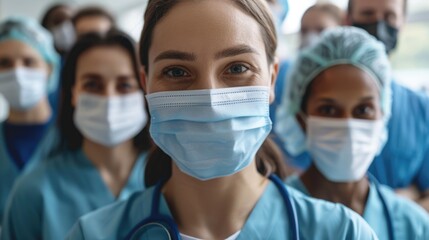 Confident nurse in mask with medical team  covid 19 precautions.