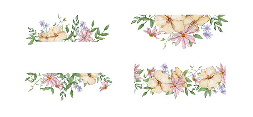 Frames with watercolor garden flowers and leaves set