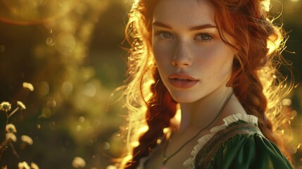 Beautiful red haired girl in medieval dress  fairy tale portrait.
