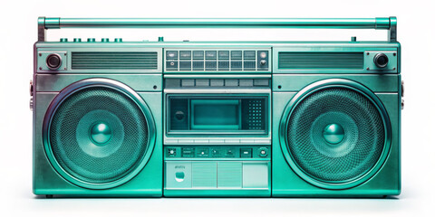 A retro boombox is displayed with a metallic turquoise color, featuring large twin speakers and numerous control buttons. The nostalgic design evokes memories of the 1980s music scene.AI generated.