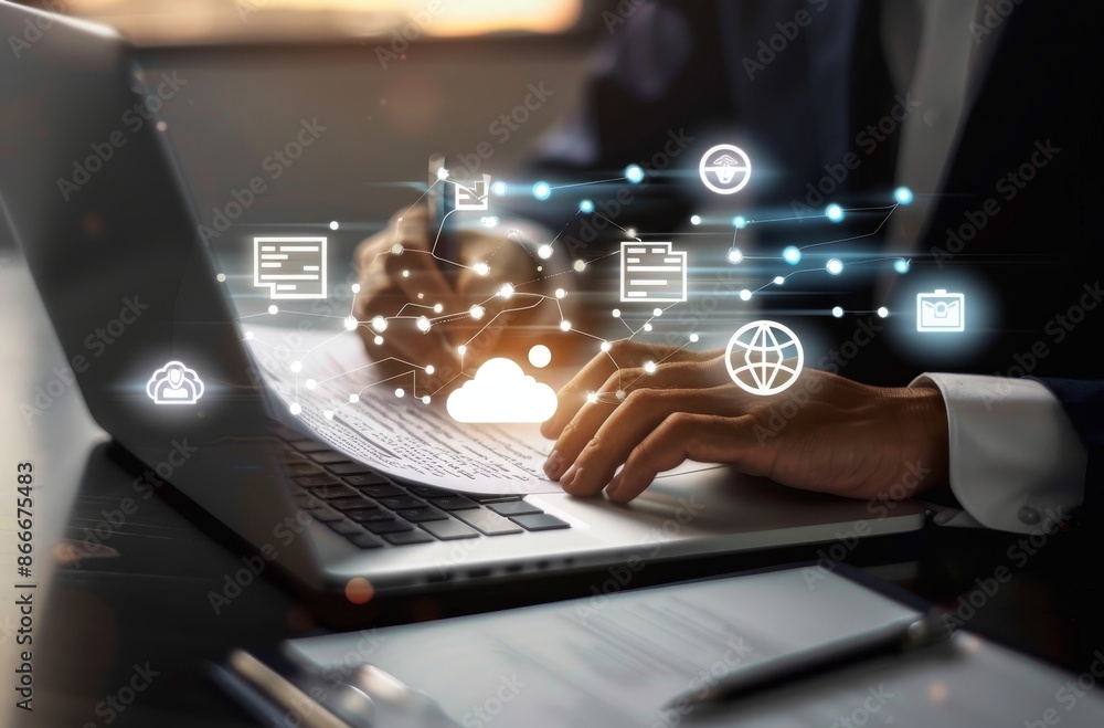 Poster man working on a laptop with cloud computing icons