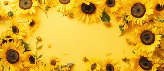 Yellow background with sunflowers, empty space, seen from above.