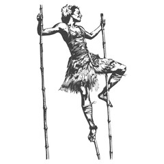 woman playing traditional bamboo dancing bamboo stilts game with engraving style